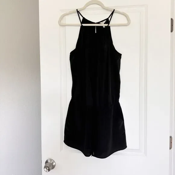 Joie 100% Silk Black Romper Womens Medium Halter Sleeveless Pockets Dressy